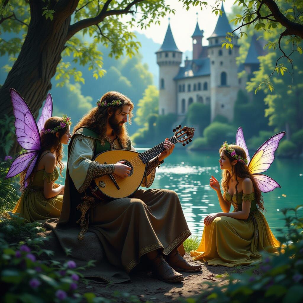 Medieval Lute Player Adored by Forest Fairies