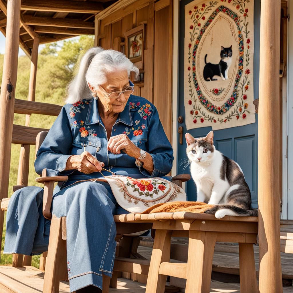 Cowgirl Grandma's Embroidered Cat Artwork