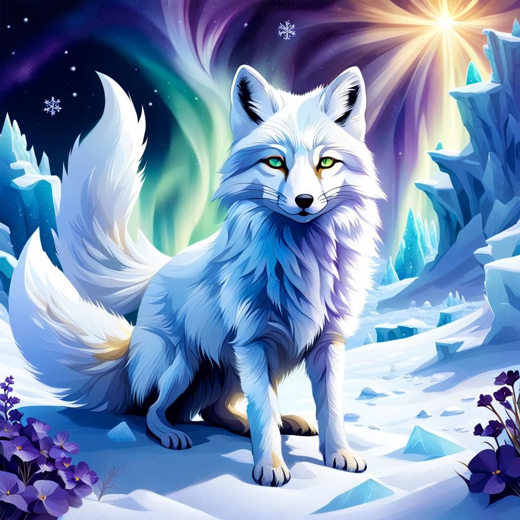 White Fox Playing in Snowy Landscape: Fantasy Art
