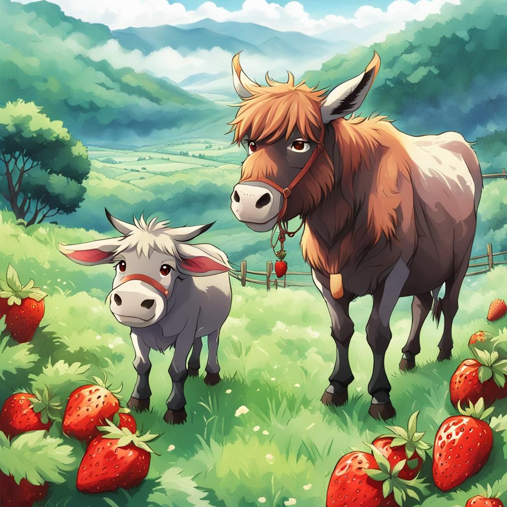 Donkey and Highland Cow Friends in Anime Style