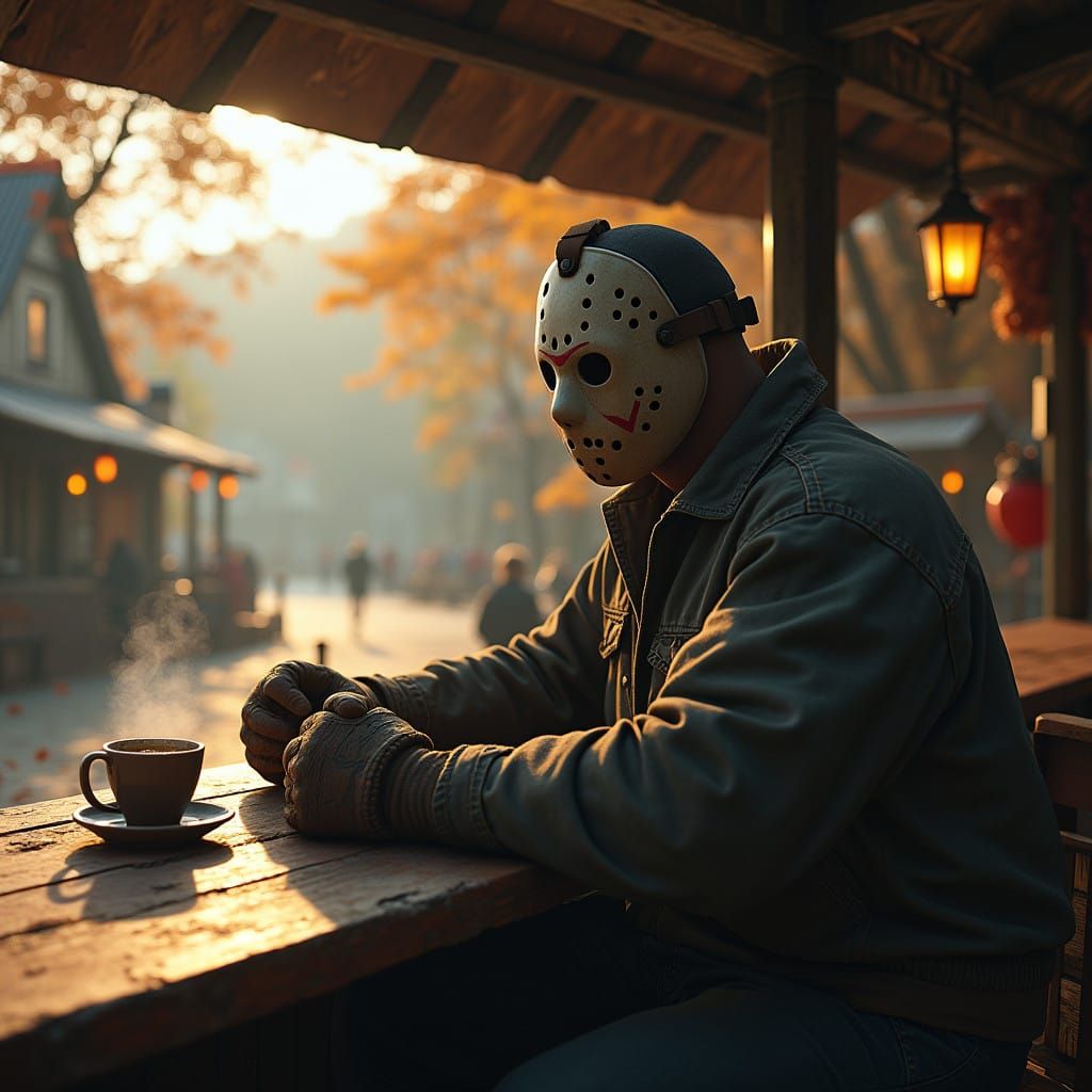 Jason Voorhees in a Quaint Fantasy Café Scene