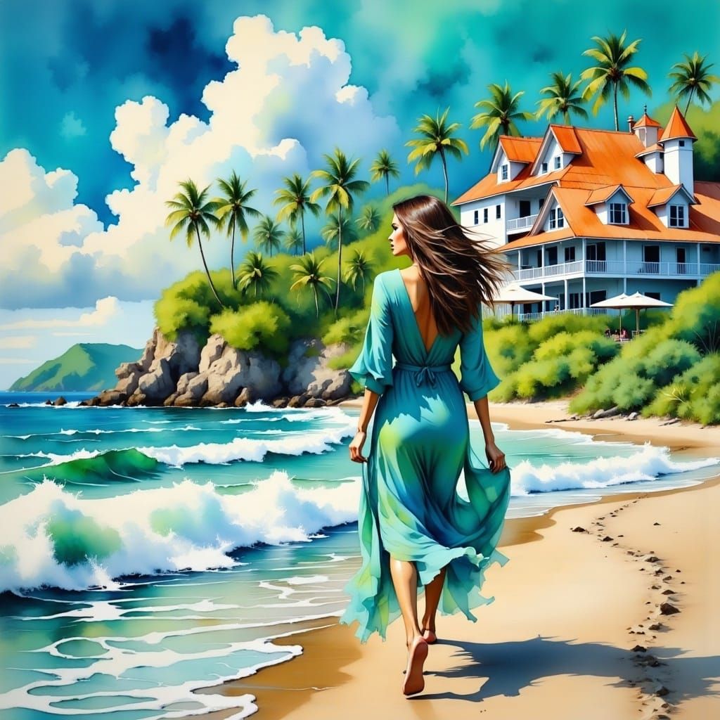 Woman Walking on Tropical Beach in Watercolor Style