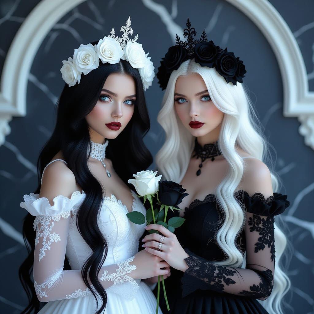 Gothic Sisters with Roses in Monochrome Marble Setting