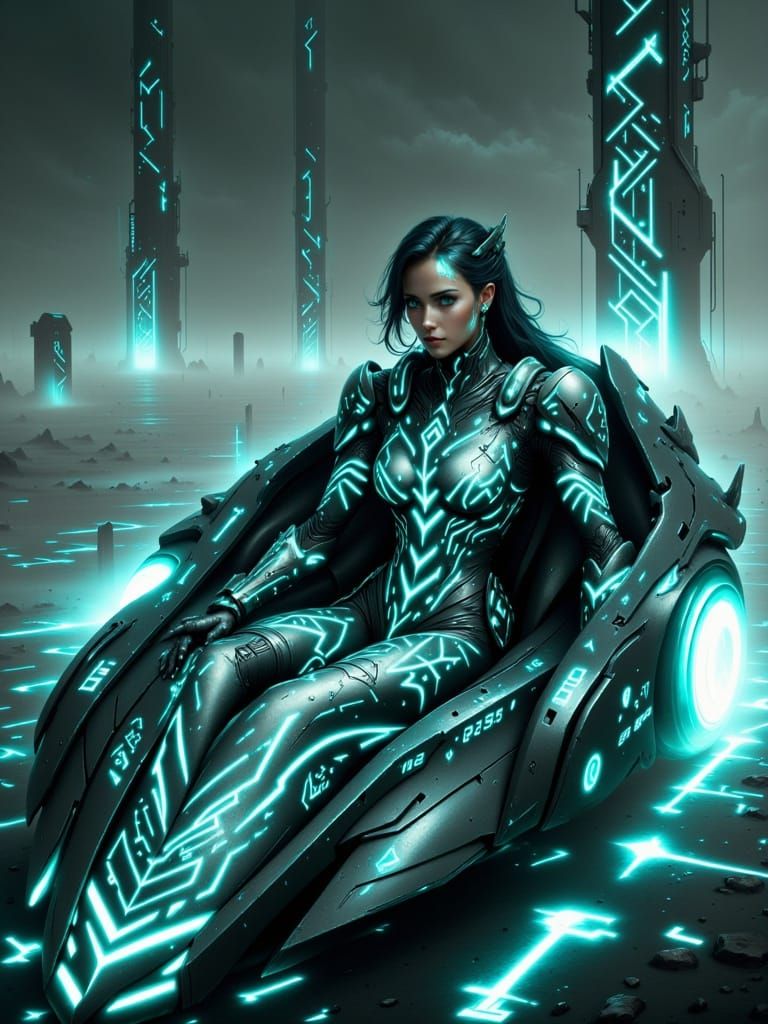 Tarot card, The_Chariot, TRON inspired. 8K resolution Unreal Engine 5 <lora:Glowing Flex Runes:1.0>