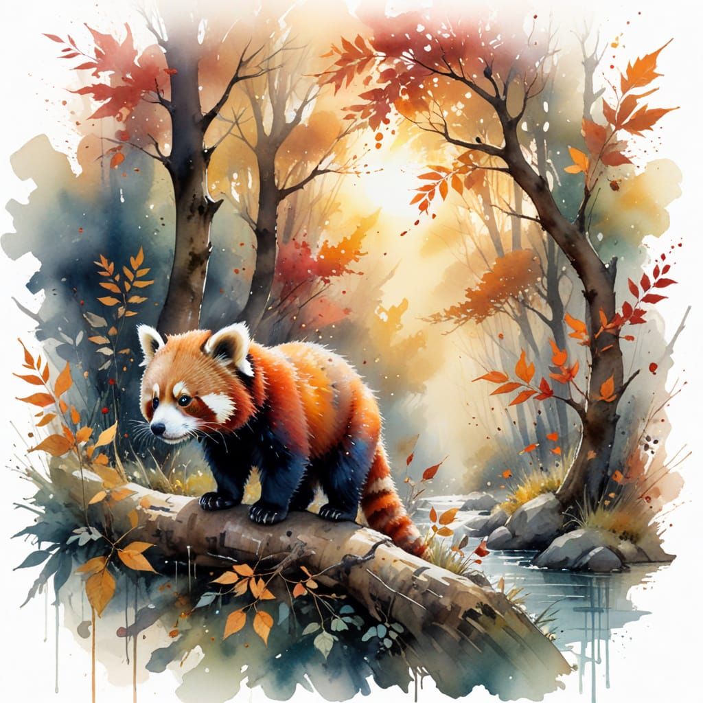 Red Panda in Autumnal Watercolor Landscape