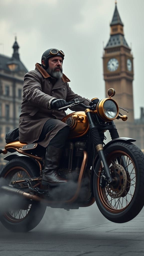 A middle-aged man with a beard, likely Caucasian, is riding a custom steampunk motorcycle. He wears a brown leather avia...