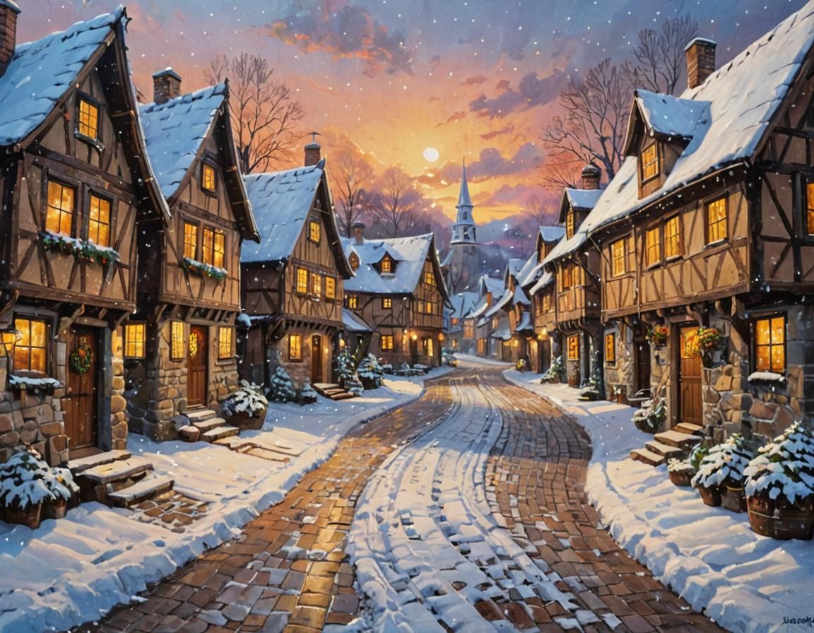 Snowy Village Scene at Sunset: Acrylic Painting