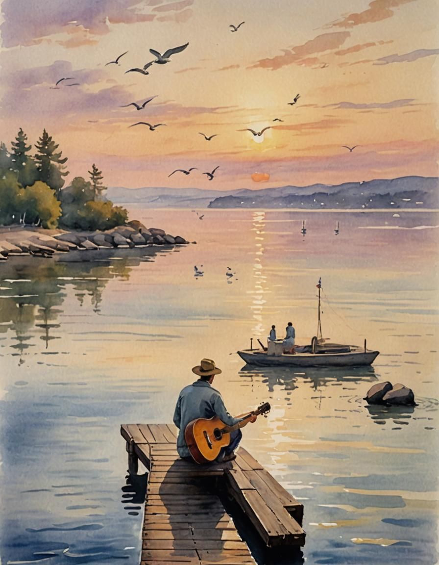 Man Playing Guitar on Dock in Watercolor Style