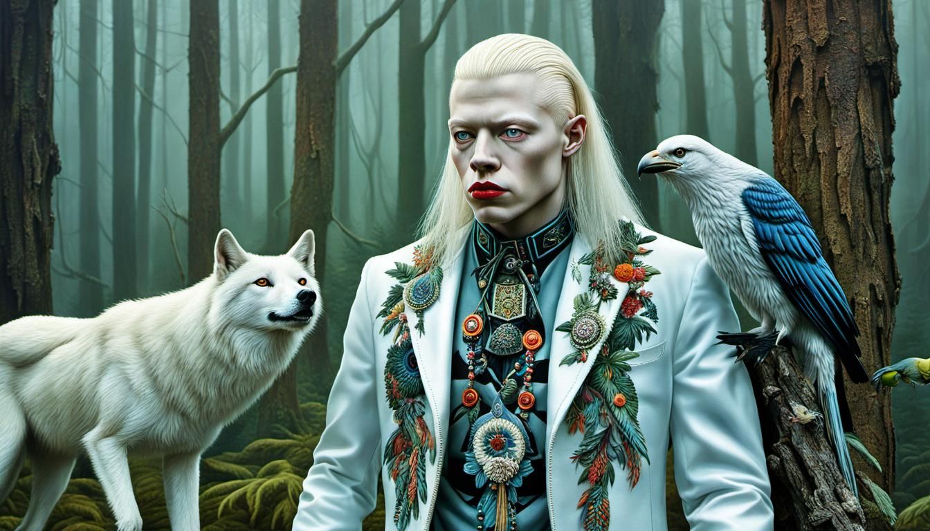 Albino Mystic with Wolf in Gritty Forest
