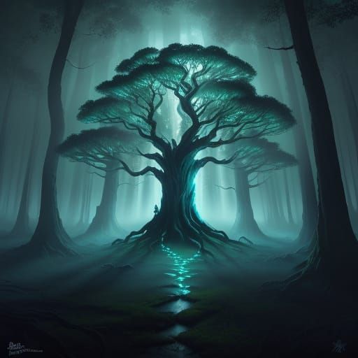 Ancient Forest Under Two Moons in Ethereal Glow