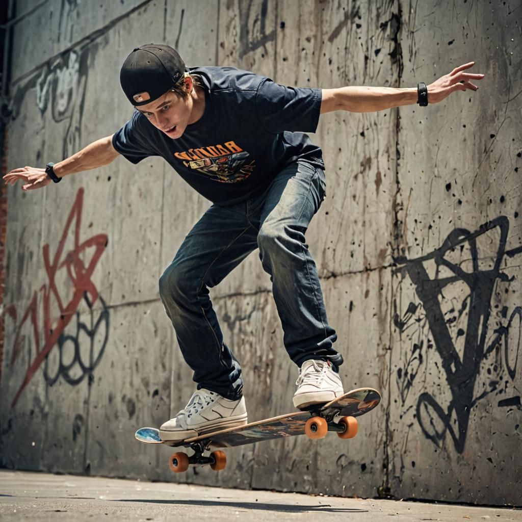 Skateboarder Performing Trick in Maximalist Style