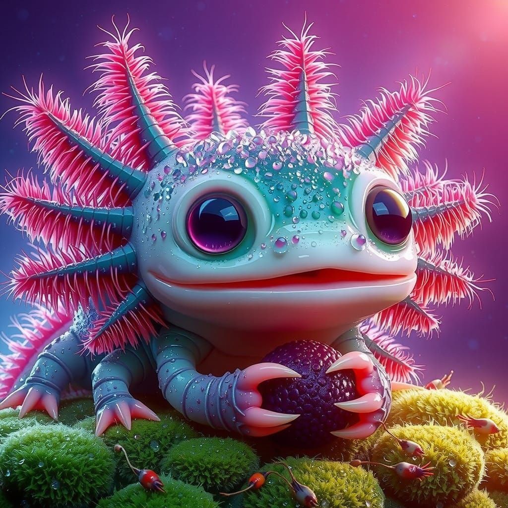 Adorable Axolotl-Tortoise Creature Holding Berry in Fantasti...