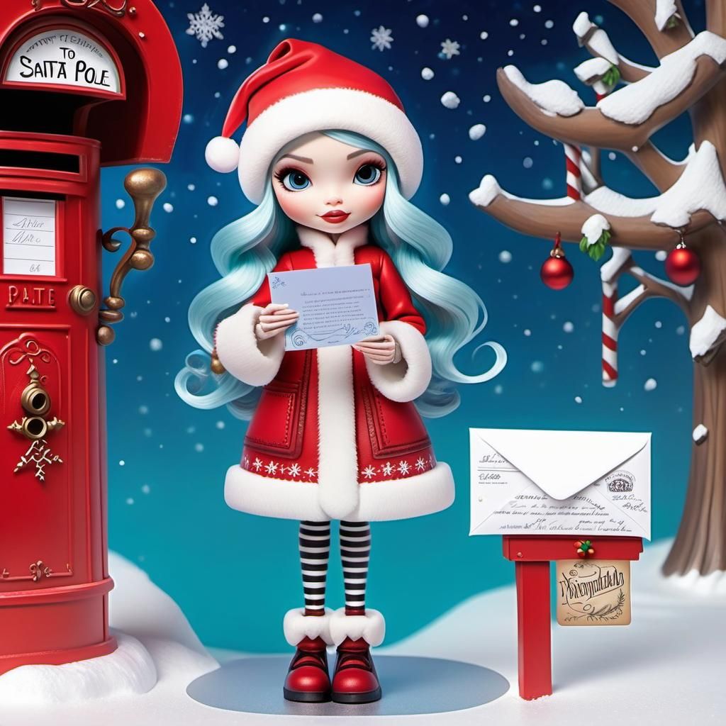 Disney Pixar style 3D doll-like girl, holding an envelope with a letter to Santa, address to Santa at The North Pole, st...