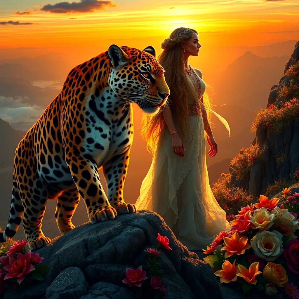 Ethereal Goddess and Jaguar in Hyperrealistic Sunset Scene