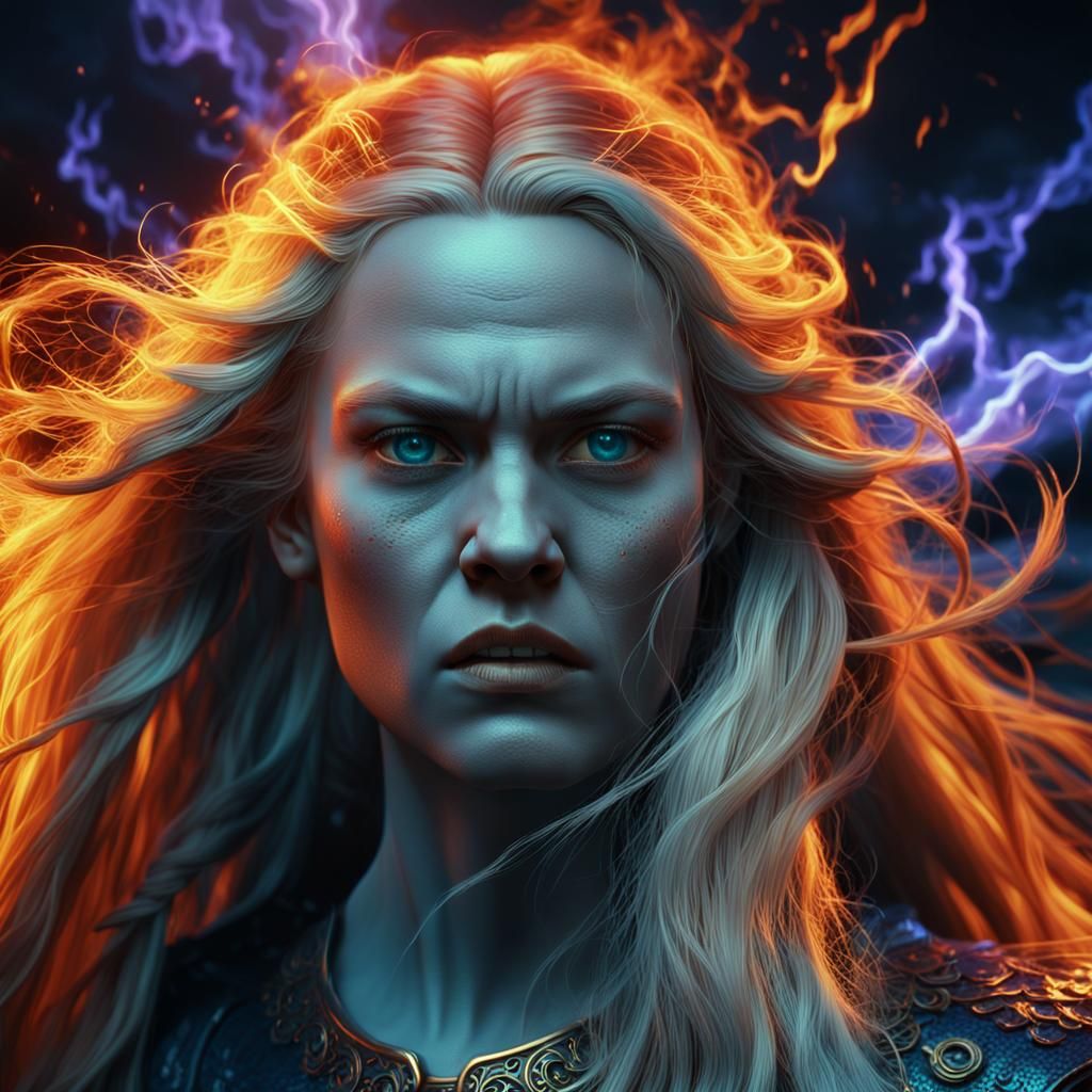 Angry Blonde Woman Portrait in Fiery Hues