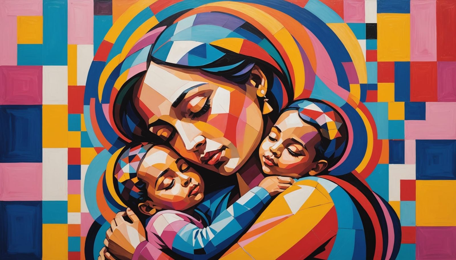 Mother and Baby in Vibrant Cube-Style Art
