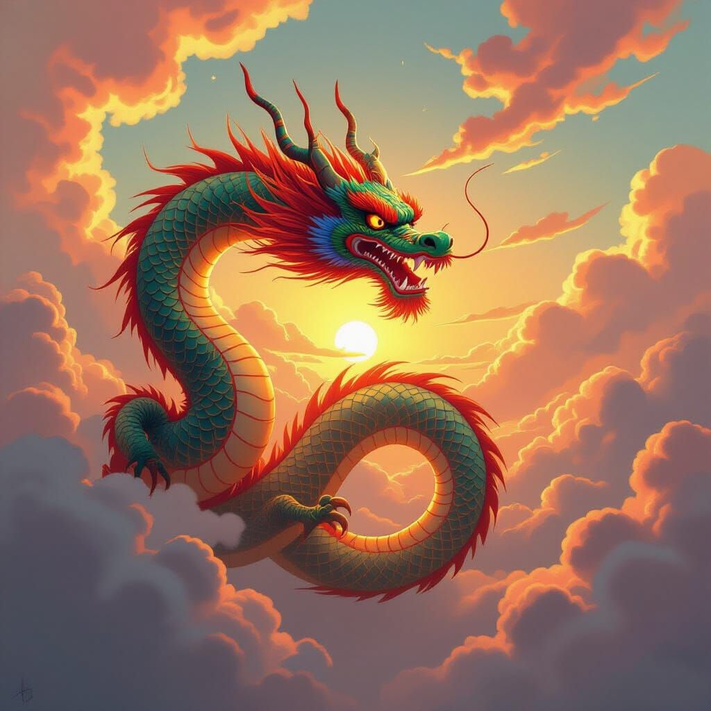 Majestic Chinese Dragon Soars in Golden Sky