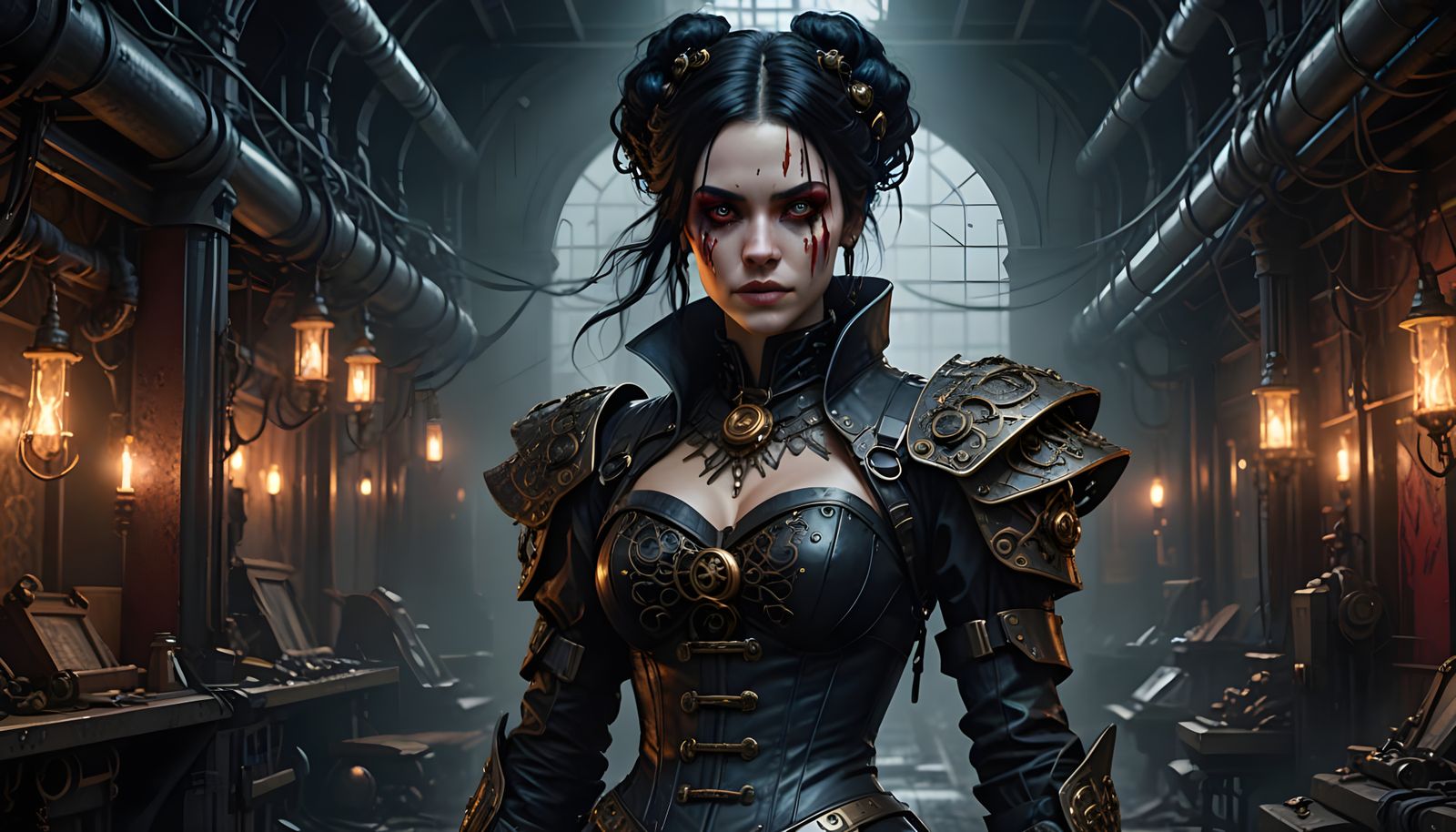 Cyborg Goddess Emerges from Steampunk Shadows