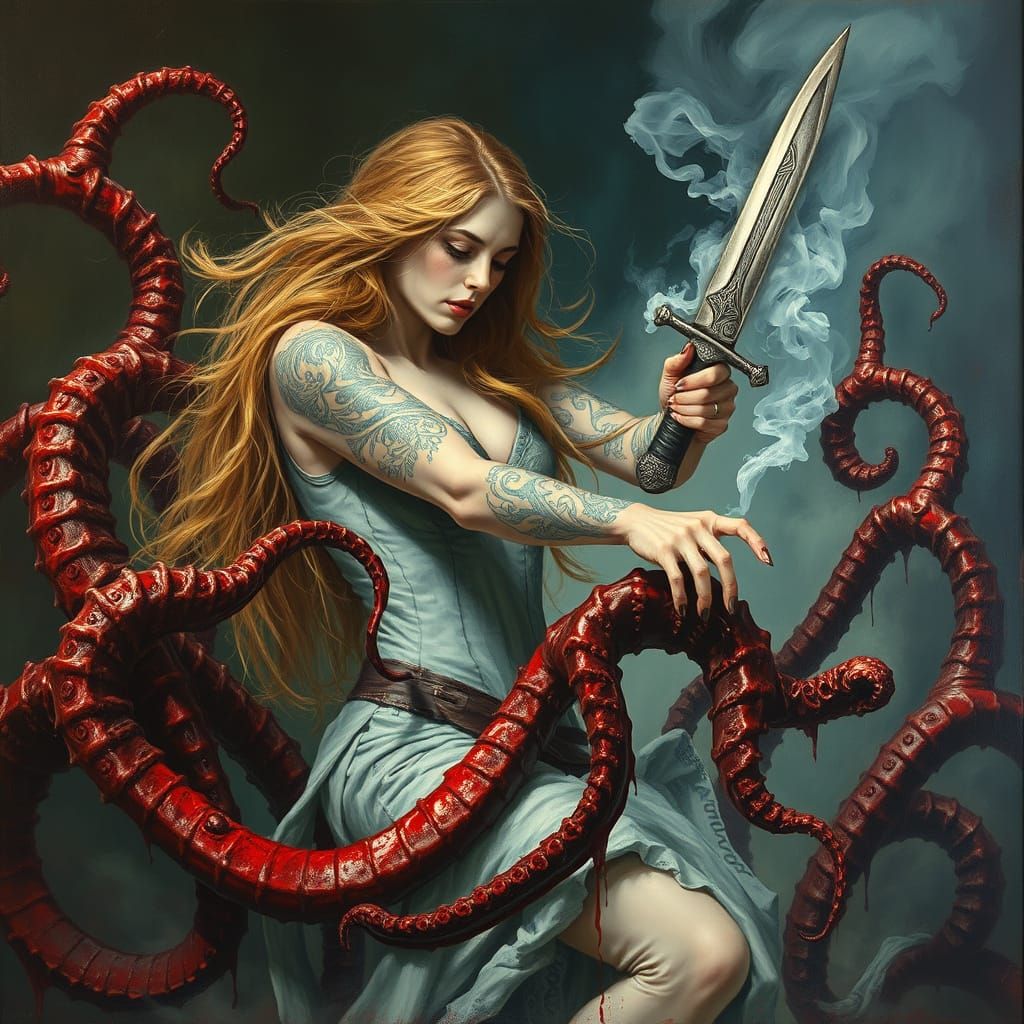 Celtic Woman Fighting Eldritch Horror in Bloody Battle