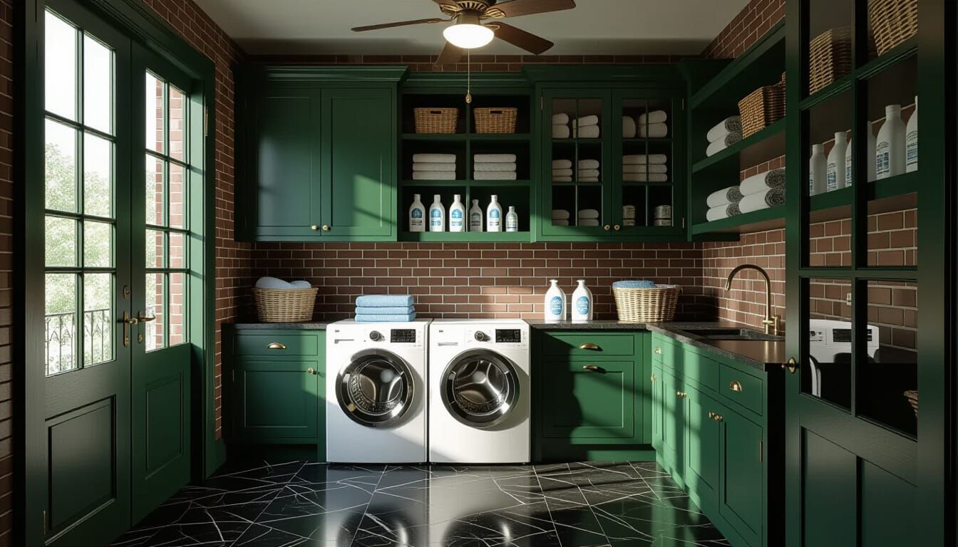 Victorian Laundry Room with Glass Wall and Dim Lighting