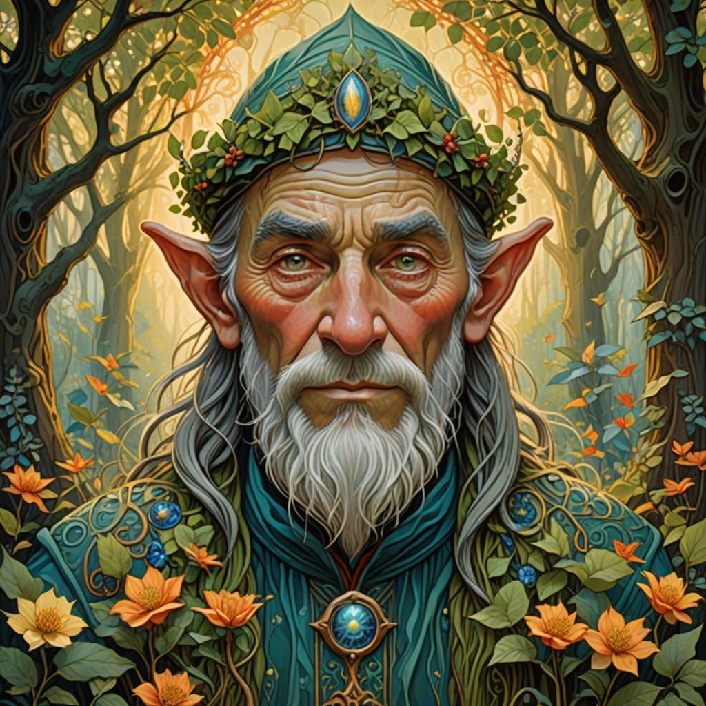 Sage Elf in Sacred Grove with Art Nouveau Flourishes