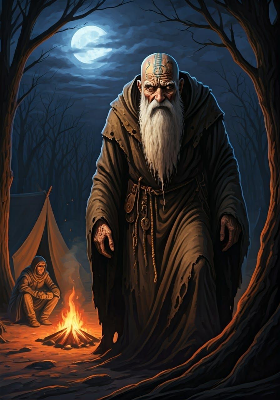 Mysterious Prophet in Moonlit Camp, 1970s Fantasy Art