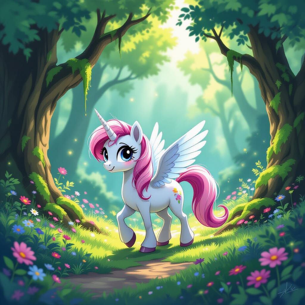 Pegasus Pony Walks Through Sun-Dappled Forest