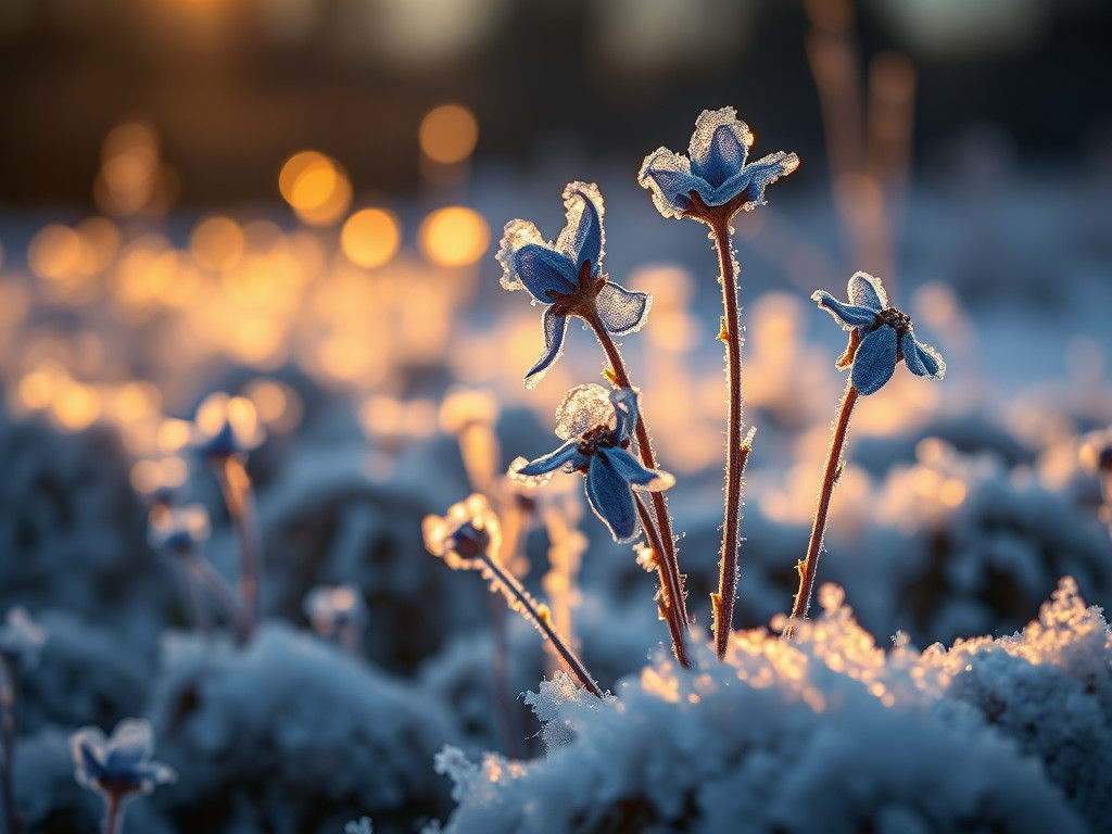 Iced Dark Blue Flowers in Winter Golden Hour