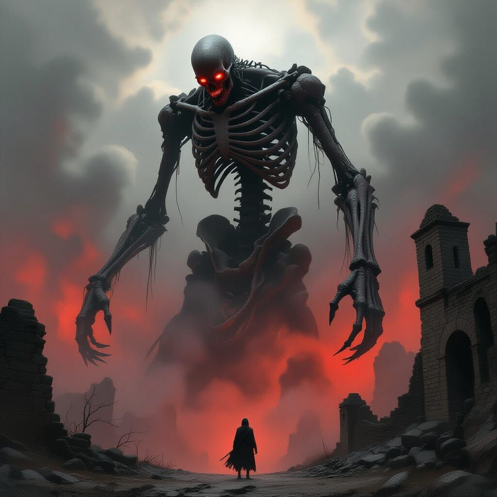 Unsettling Bone Colossus in Gothic Landscape