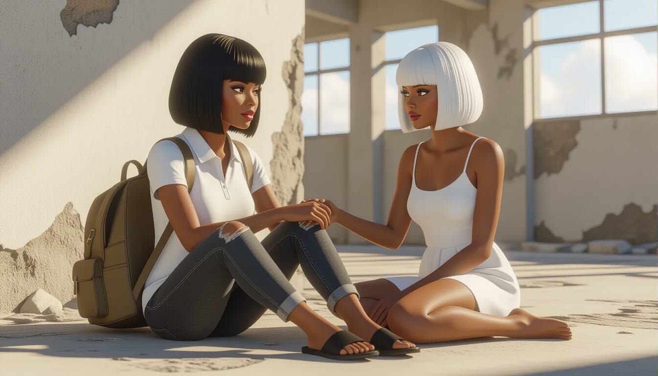 African Sisters in Broken Building, Hyperrealistic Animation...