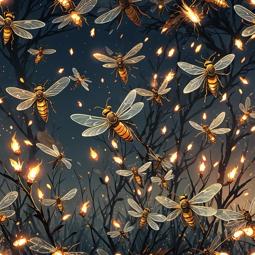 Luminous Fireflies in Cel-Shaded Anime Style