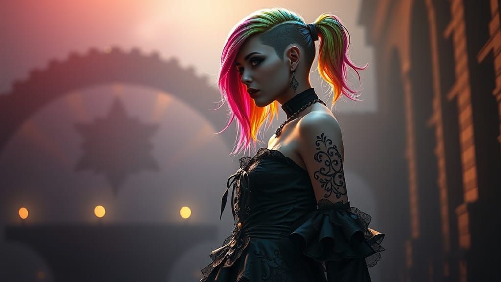 Gothic Goddess in Rainbow Hair and Decorated Goth Dress