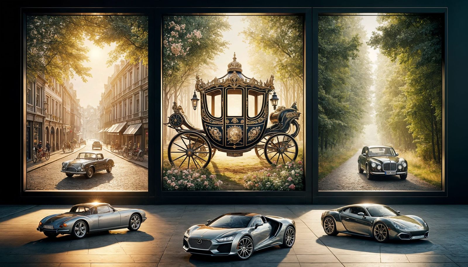 Historical Carriages Meet Modern Cars Triptych
