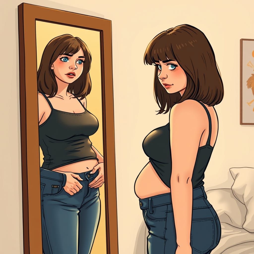 Curvy College Woman Struggles with Frustrating Jeans in Cozy...