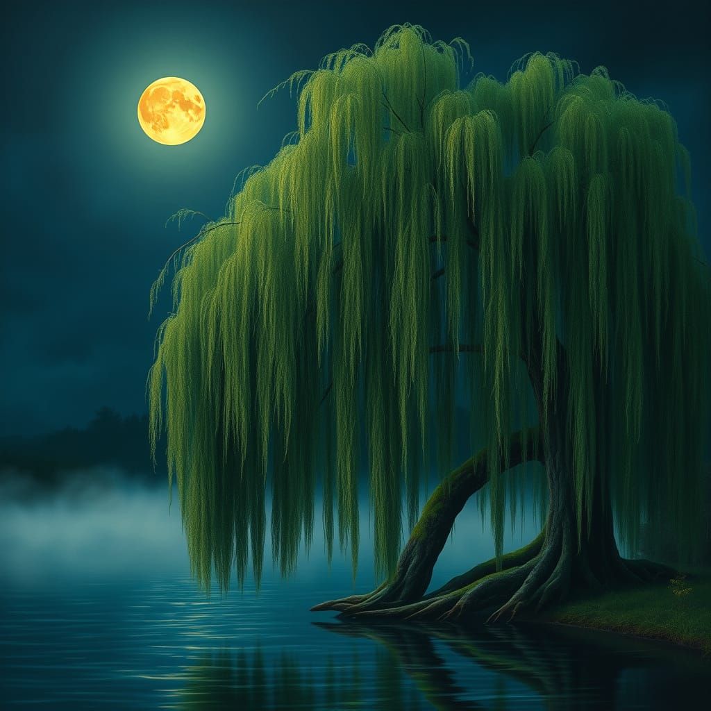 Misty Lake Landscape with Weeping Willow, Wyeth Style