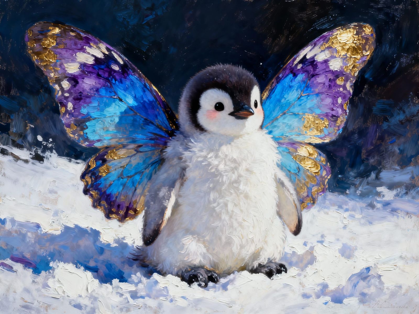 Chibi Penguin with Butterfly Wings in Snow, Impasto Oil Pain...