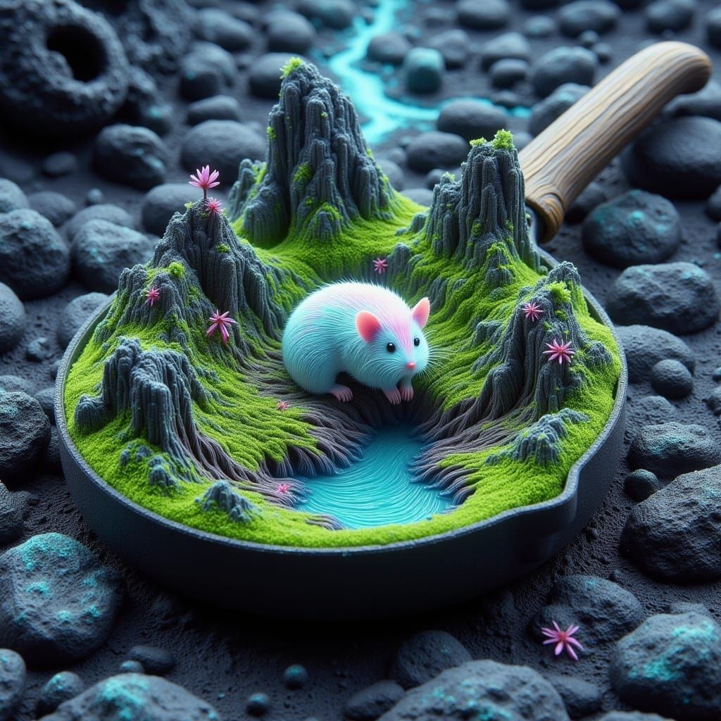 Chibi Mouse Landscape in Pan, Spray Paint Art