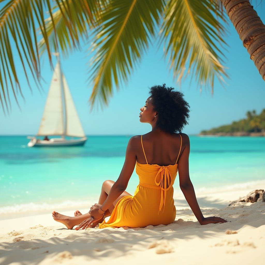 Woman Sunbathing on Tropical Beach in Hyperrealism