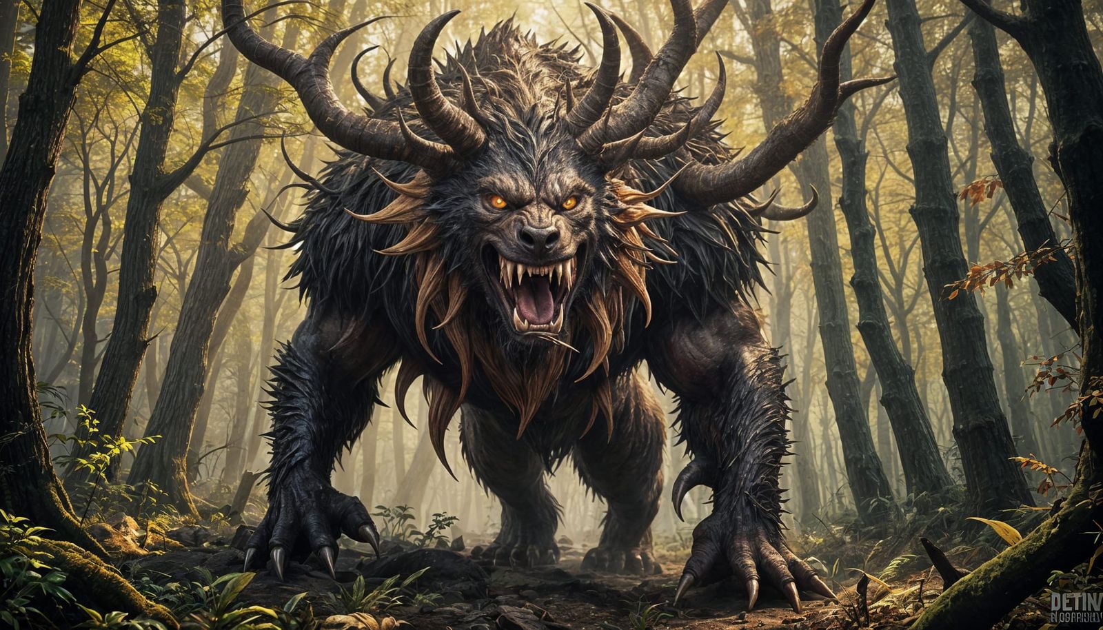 Terrifying Giant Beast in Dark Forest: Hyperrealistic Concep...