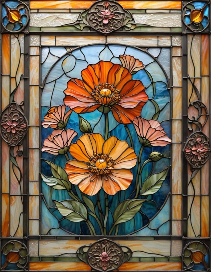 Stained Glass Persian Buttercup in Square Frame