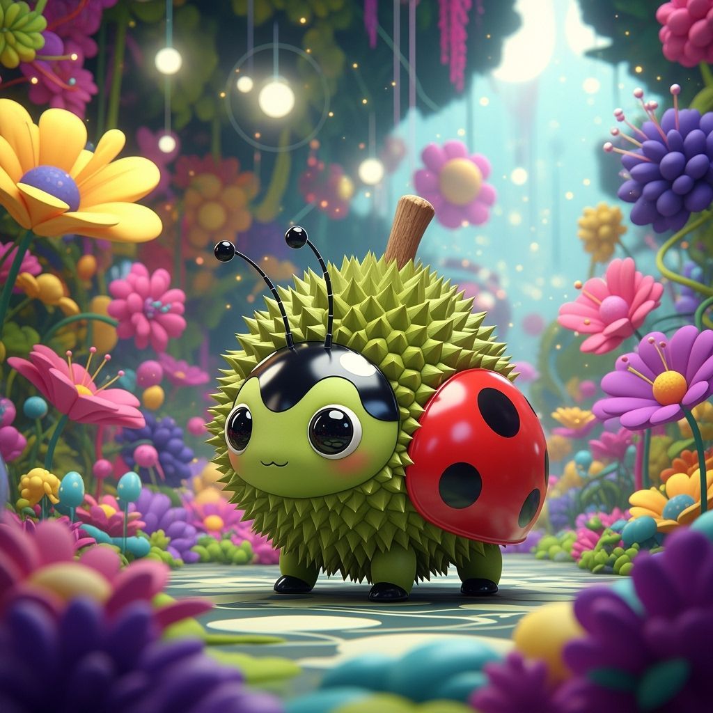Durian Ladybug Hybrid in Playful Digital Art Style