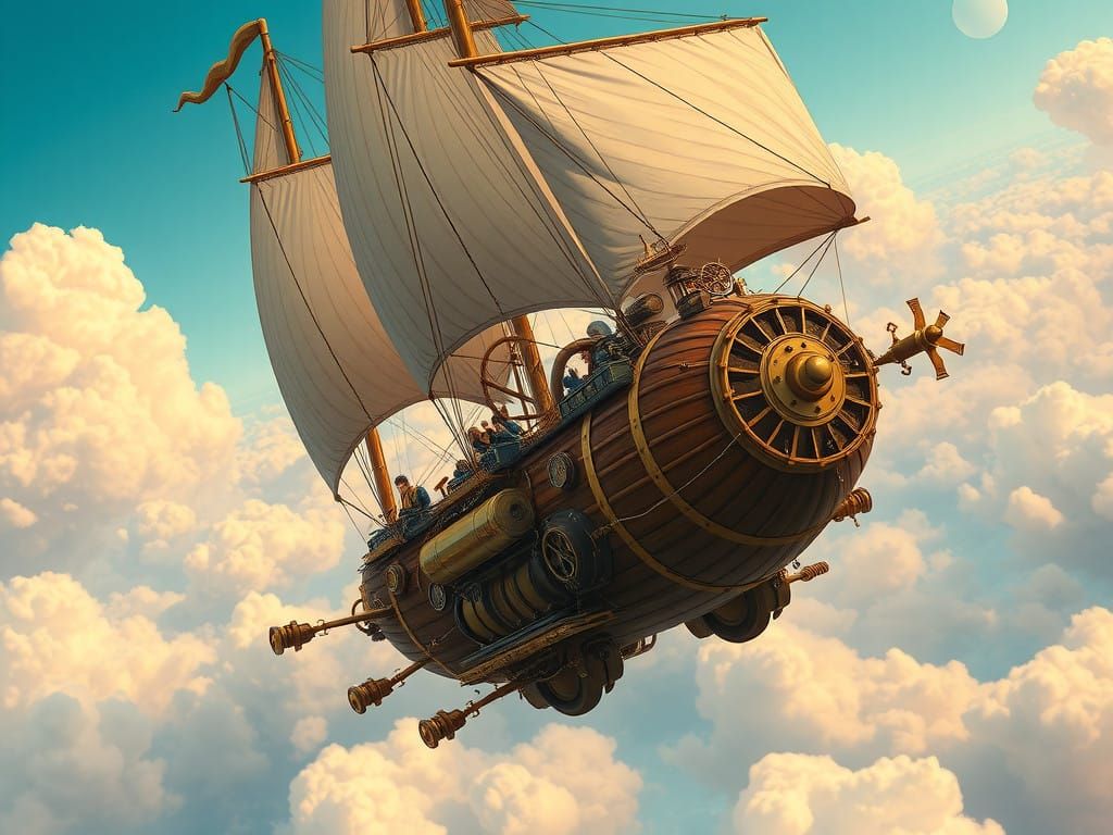 Majestic Steampunk Airship Sails Through Whimsical Cloud Sea...
