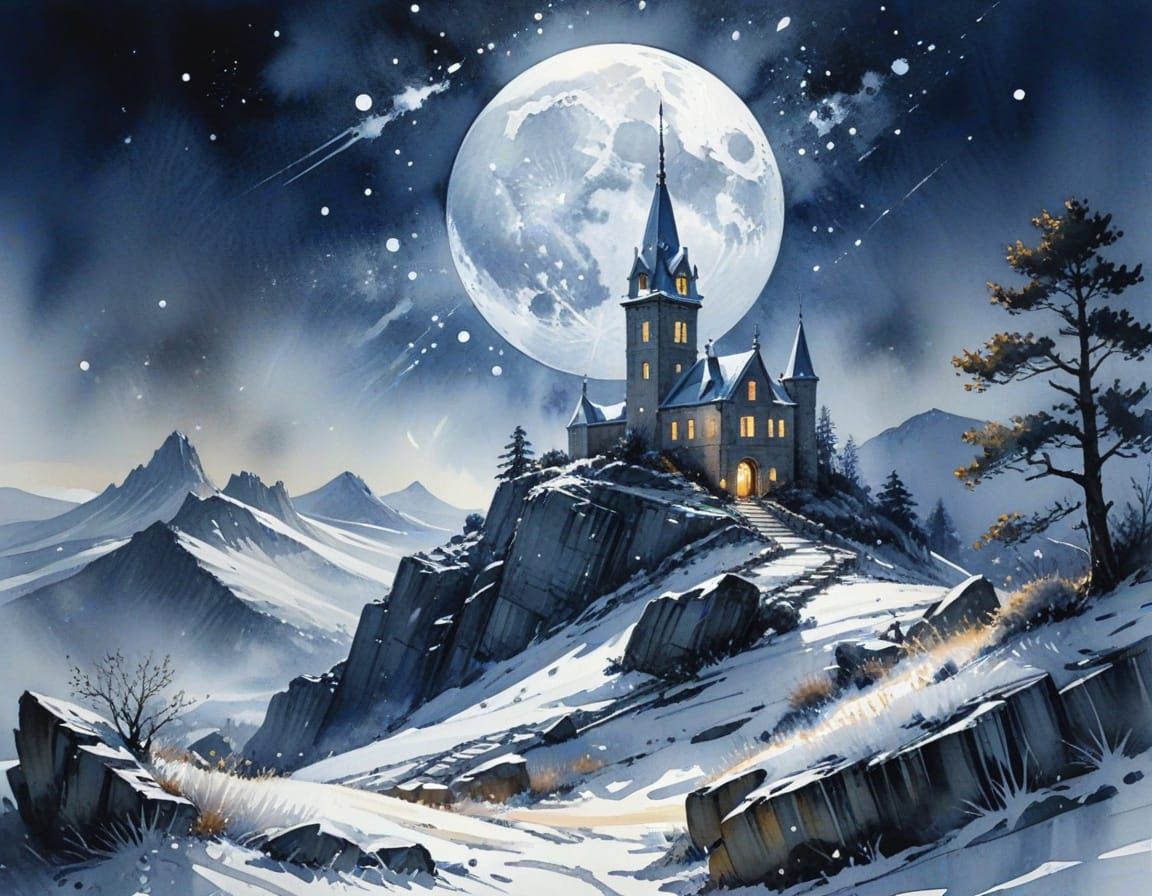 Moonlit Observatory with Brass Spires in Watercolor