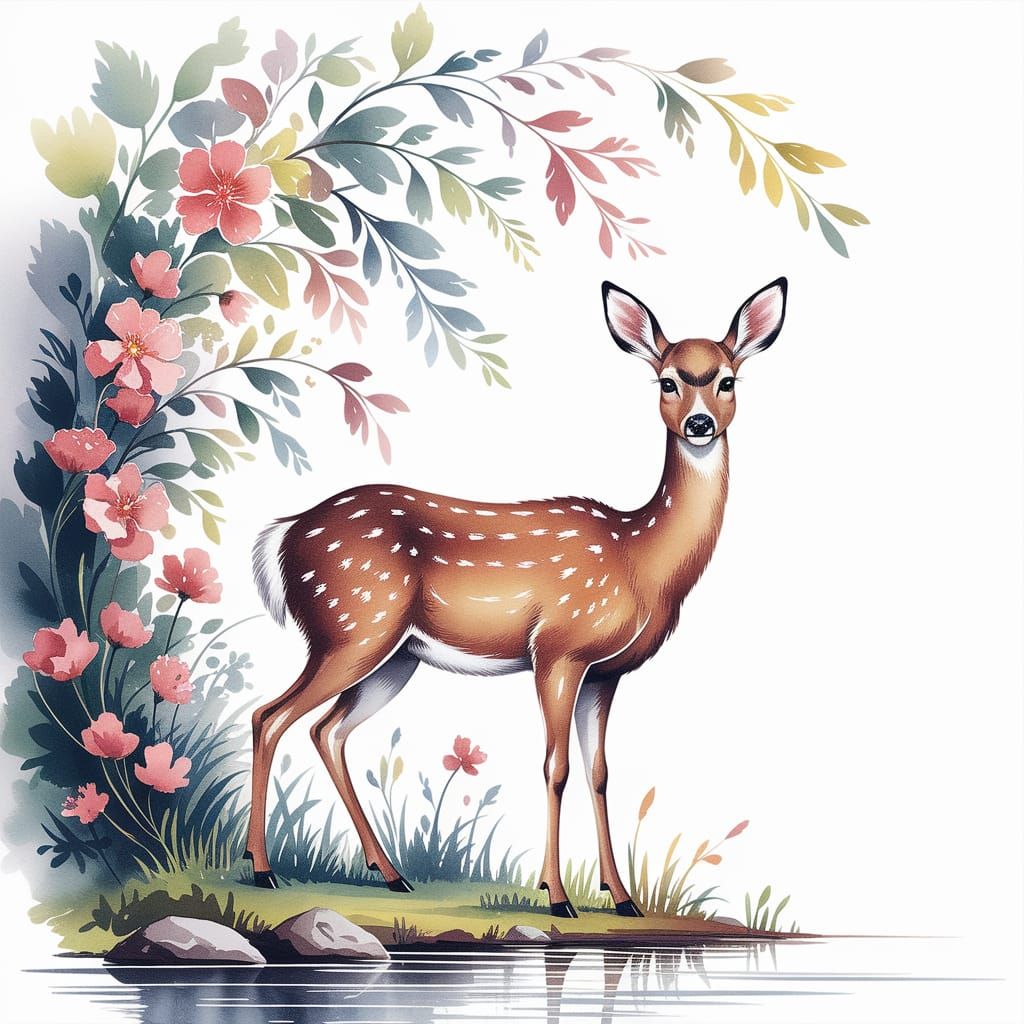 Elegant Deer in Watercolor Landscape with Vibrant Blooms and...