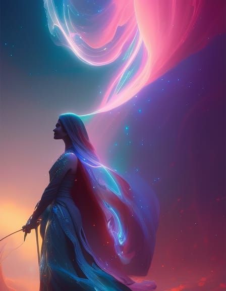 Bioluminescent Woman with Gouache Aura, Digital Art