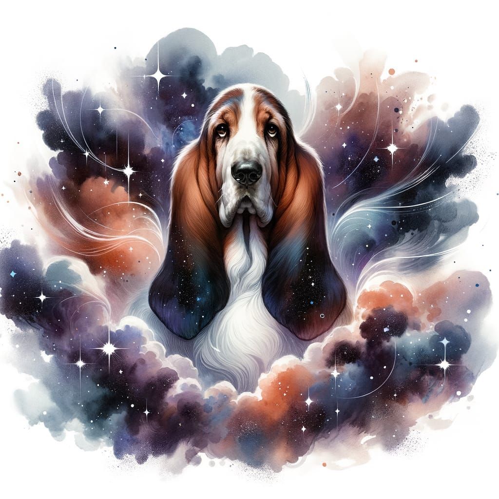 Ethereal Basset Hound Floats in Cosmic Nebula