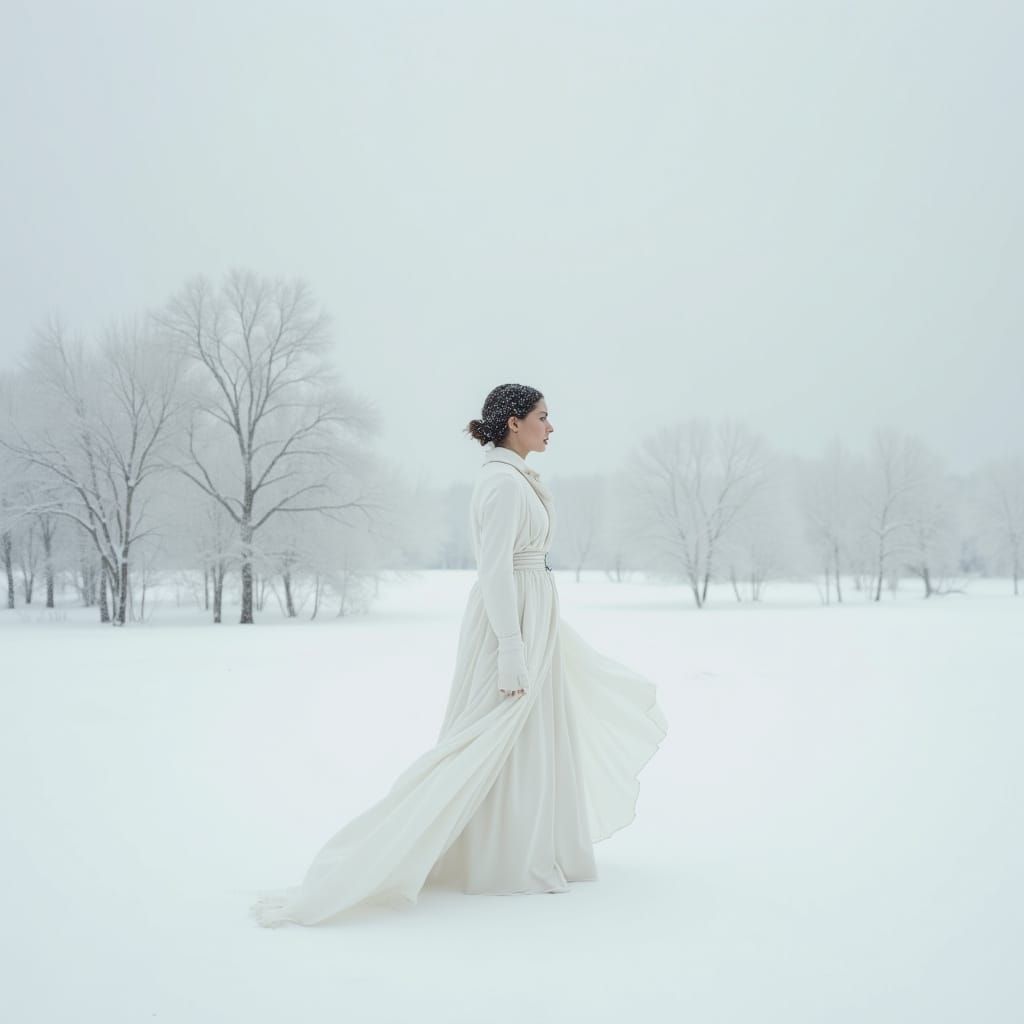 Monochrome Woman in Snowy Landscape as Minimalist Art