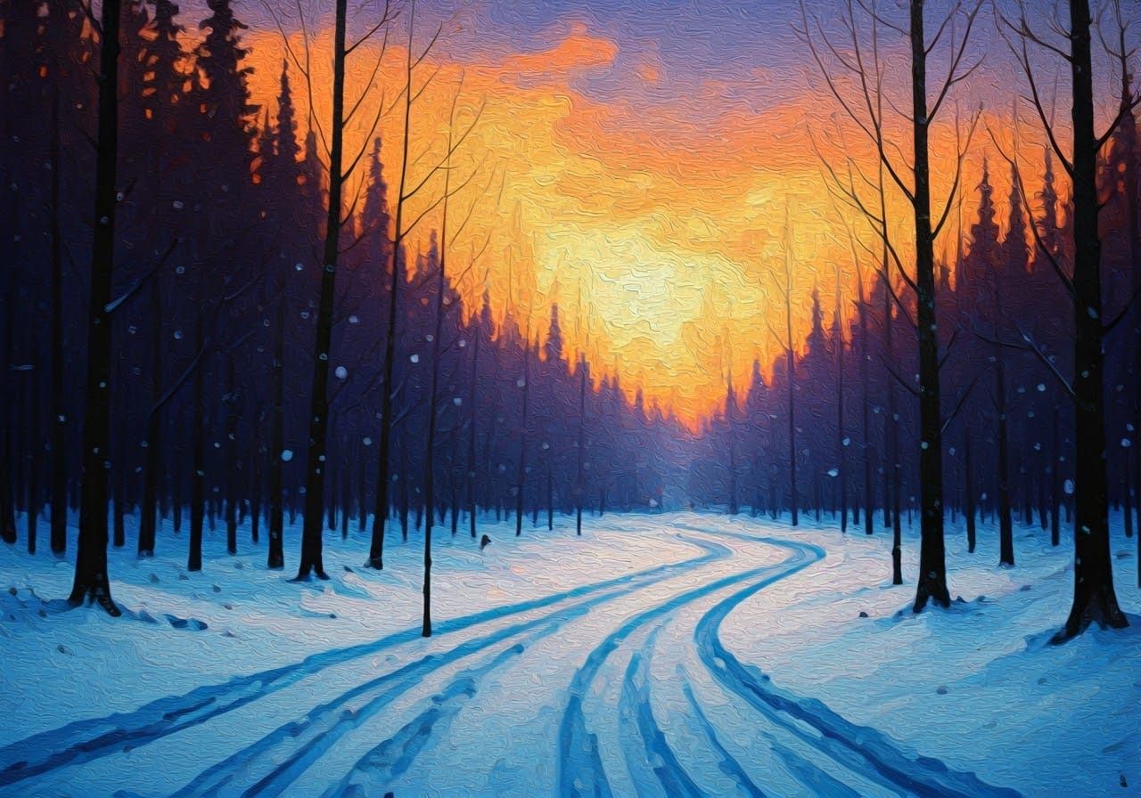 Purple and orange Impressionist snowy landscape