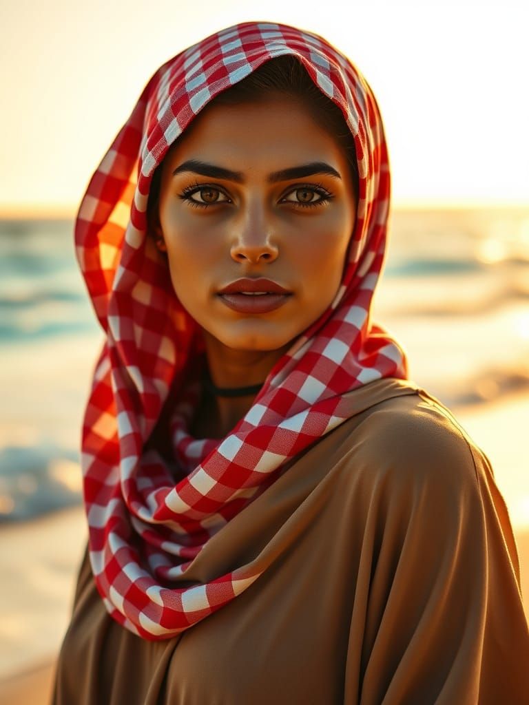 Palestinian Woman Embodying Resilience in Crimson Keffiyeh