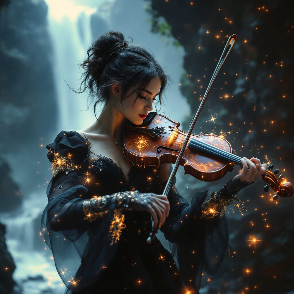 Ethereal Violinist by Moonlit Waterfall: Lithographic Art